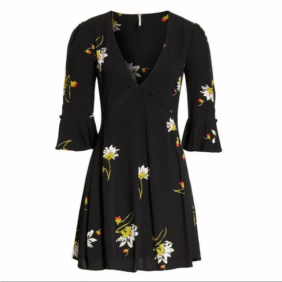 FREE PEOPLE Black Time On My Side Floral Flowy Wrap Mini Dress XS - Picture 2 of 5